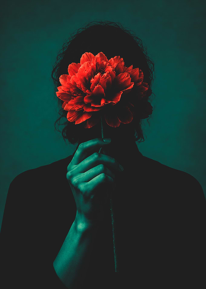 Person Holding Red Flower Over Face