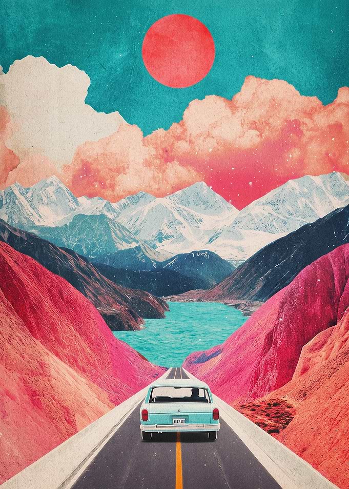 Retro Road Trip Landscape Art