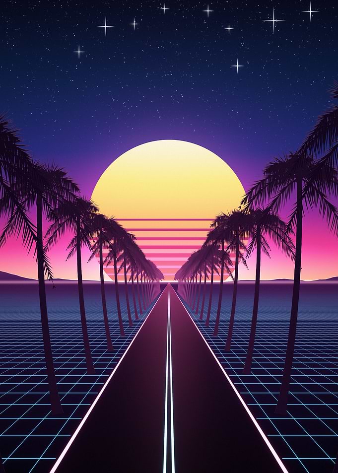 Palm Boulevard Neon Road Synthwave Sunset