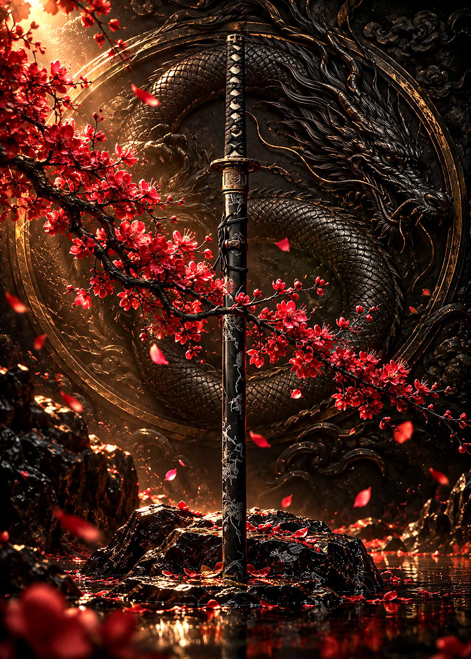 Katana Sword with Dragon and Blossoms