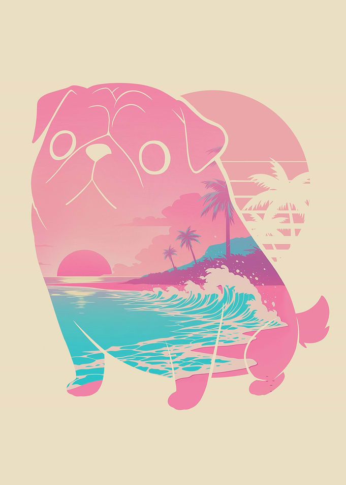 Pug Dog Tropical Beach Sunset Retrowave