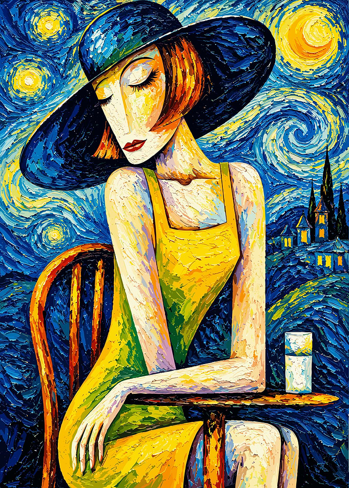 Woman in Yellow Dress Starry Night
