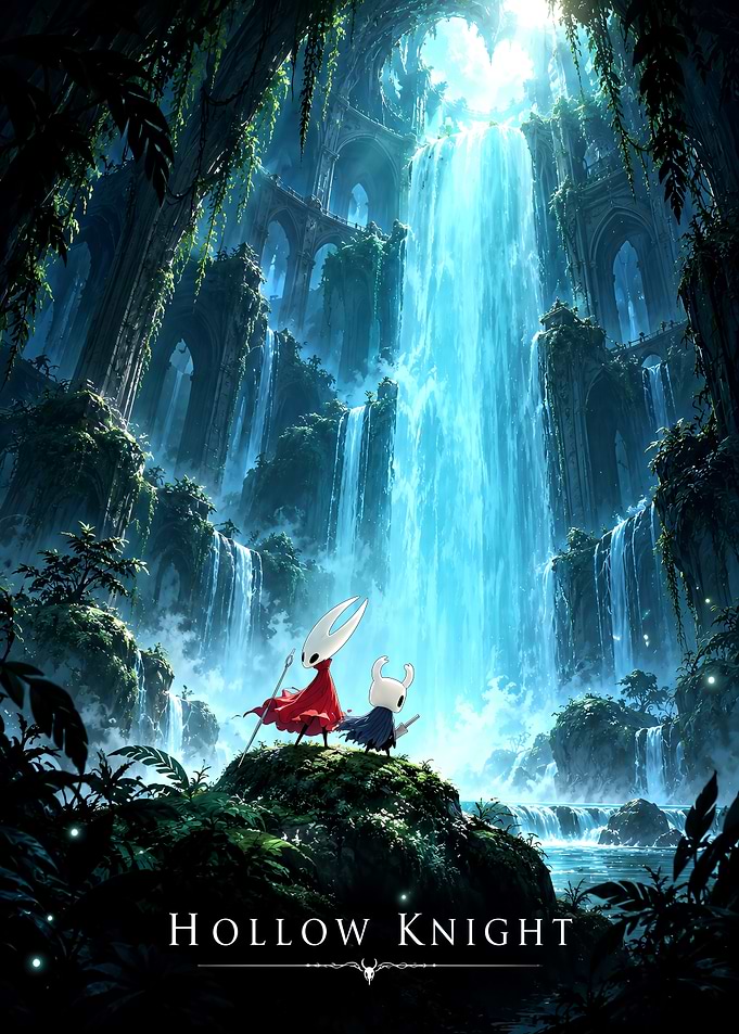 Hollow Knight and Hornet Waterfall Scene