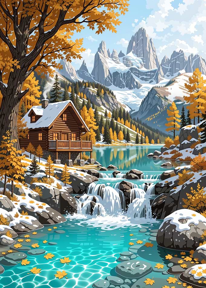 Cozy Log Cabin by Mountain Waterfall Nature