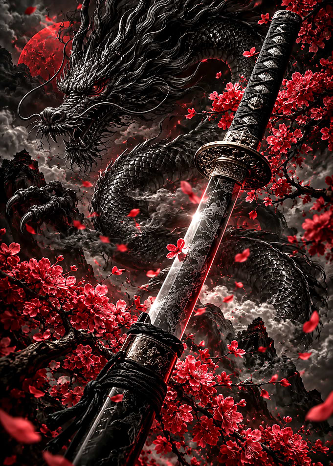 Katana and Dragon with Cherry Blossoms