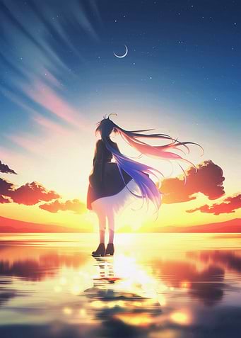 Anime Girl Standing at Sunset