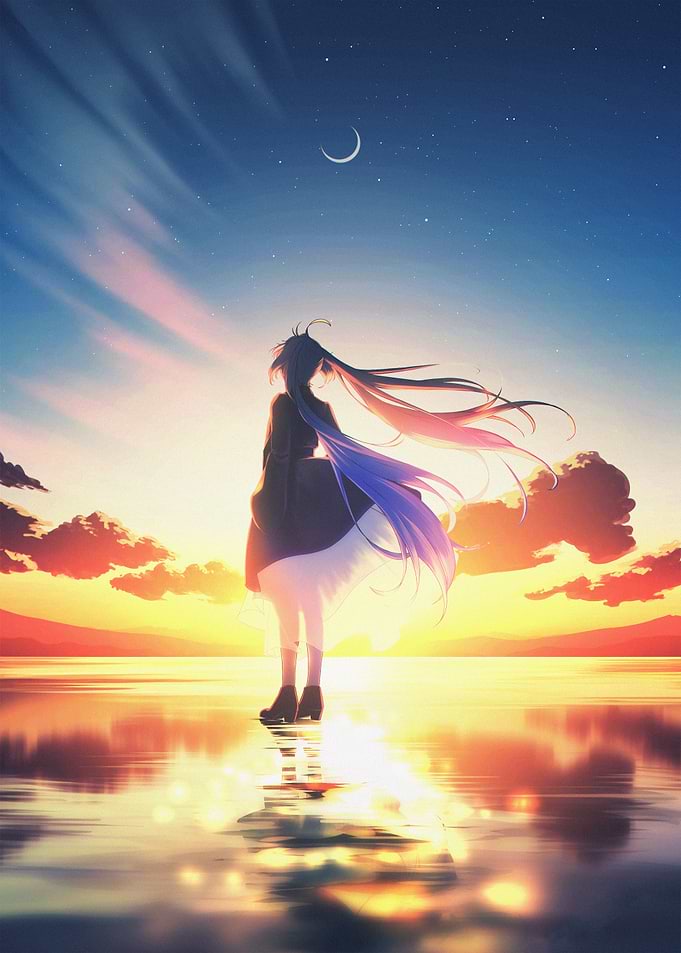 Anime Girl Standing at Sunset