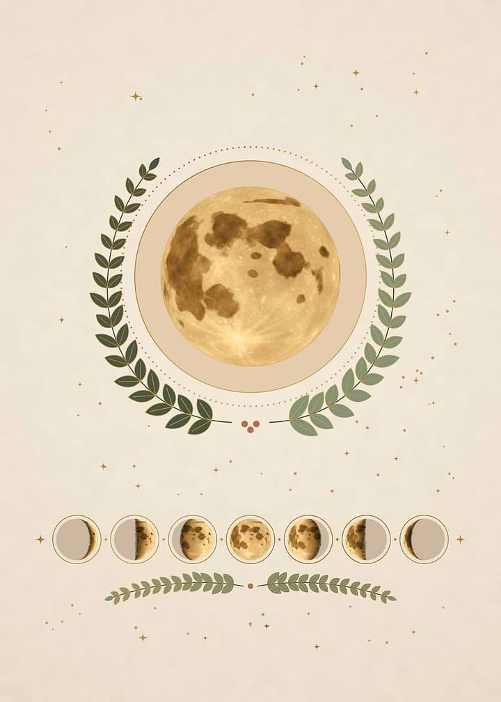 Boho Moon Phases Laurel Leaves Celestial Print