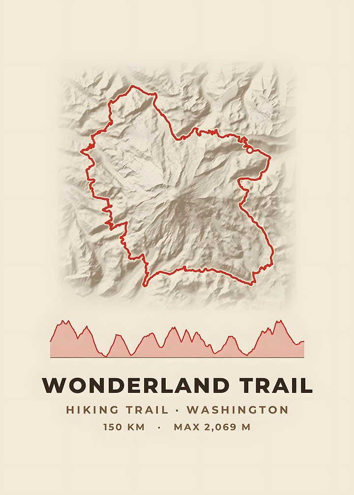 Wonderland Trail Hiking Trail Map Vintage Topo Print