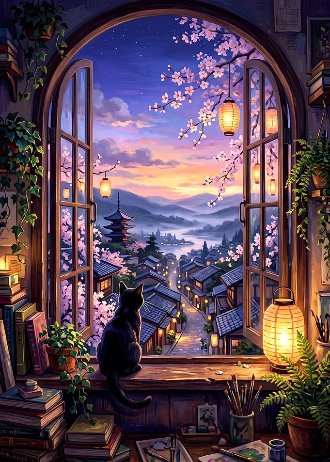Black Cat Watching Japanese Village Sunset