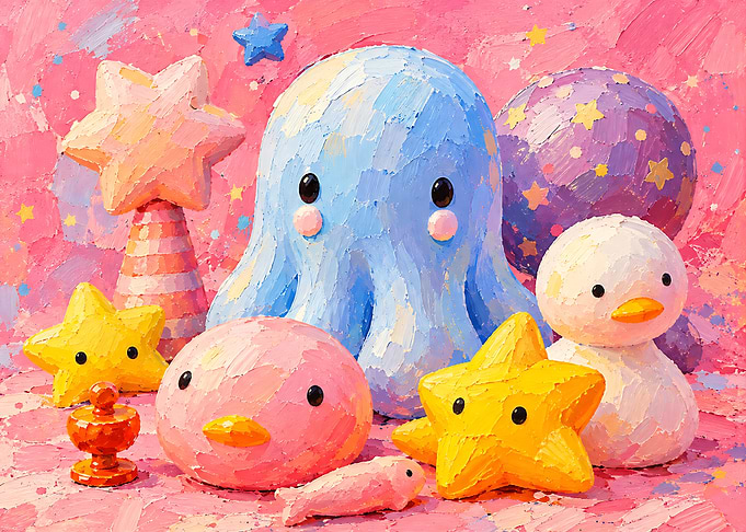 Whimsical Impasto Painting of Cute Toys