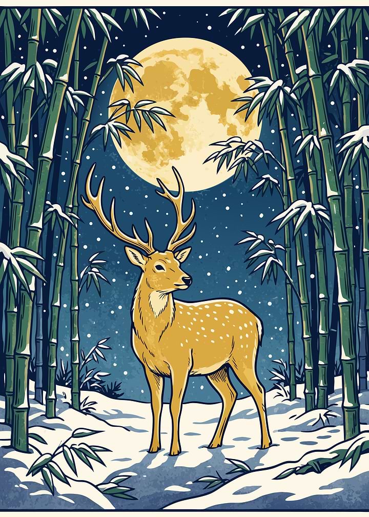 Deer in Snowy Bamboo Forest