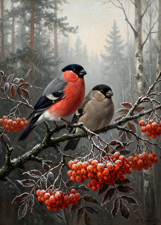 Bullfinches on a Rowan Branch