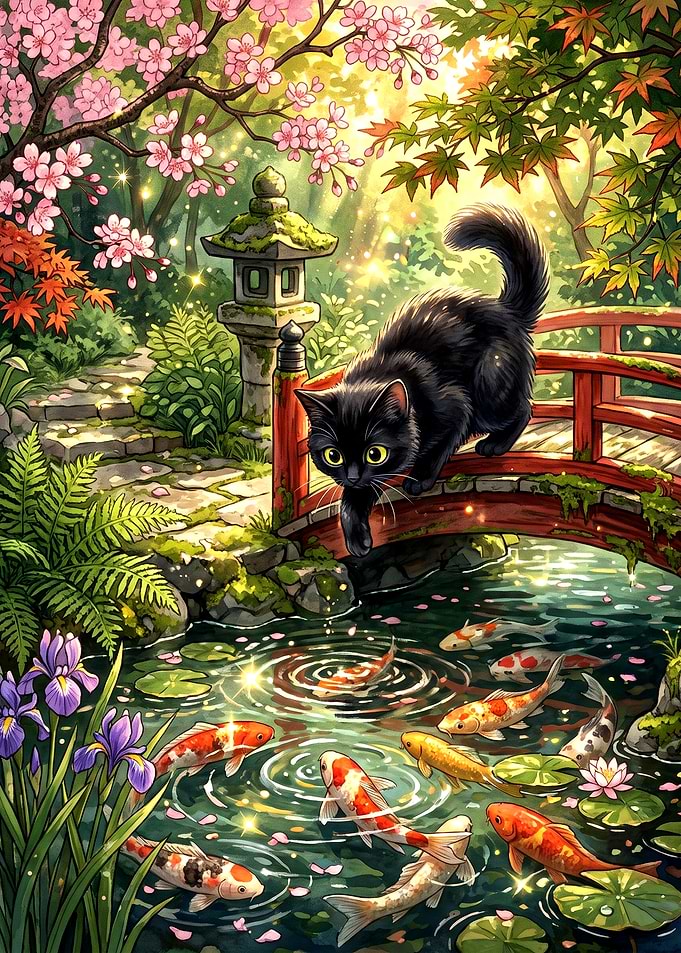 Black Cat at Japanese Koi Pond