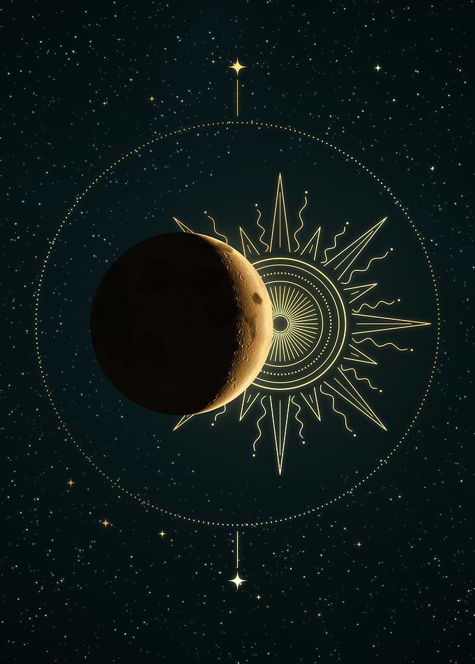 Sun And Crescent Moon Celestial Gold Art