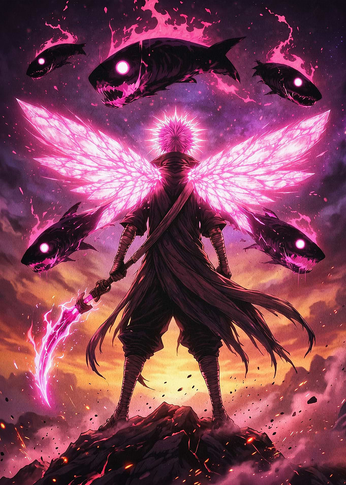 Dark Warrior Pink Fish Fantasy Art
