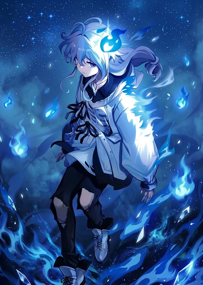 Anime Boy Surrounded by Blue Flames