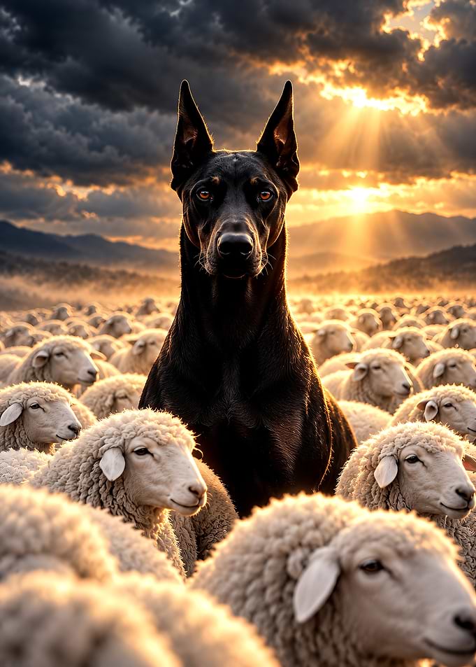 Doberman Standing Among a Flock of Sheep