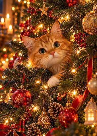 Ginger Cat Peeking From Christmas Tree