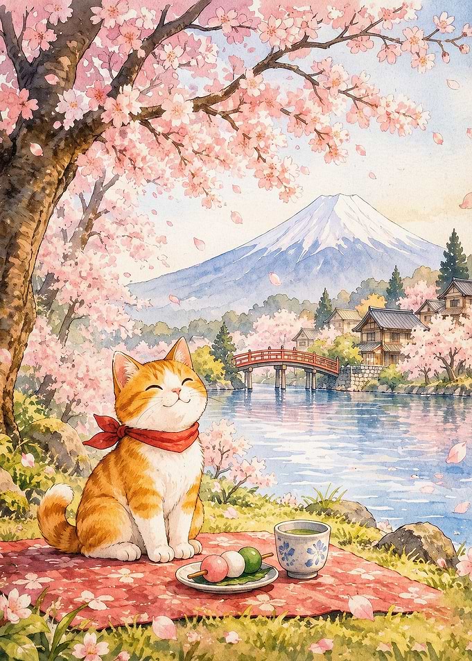 Cat Sakura Mount Fuji Watercolor
