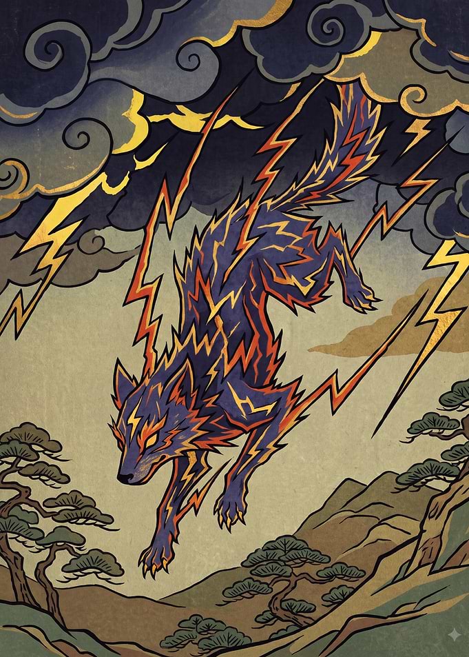 Electric Lightning Wolf Japanese Art