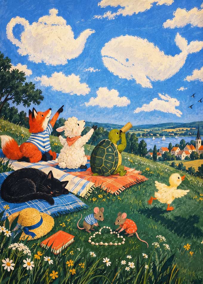 Animals Picnic Clouds Fantasy Art