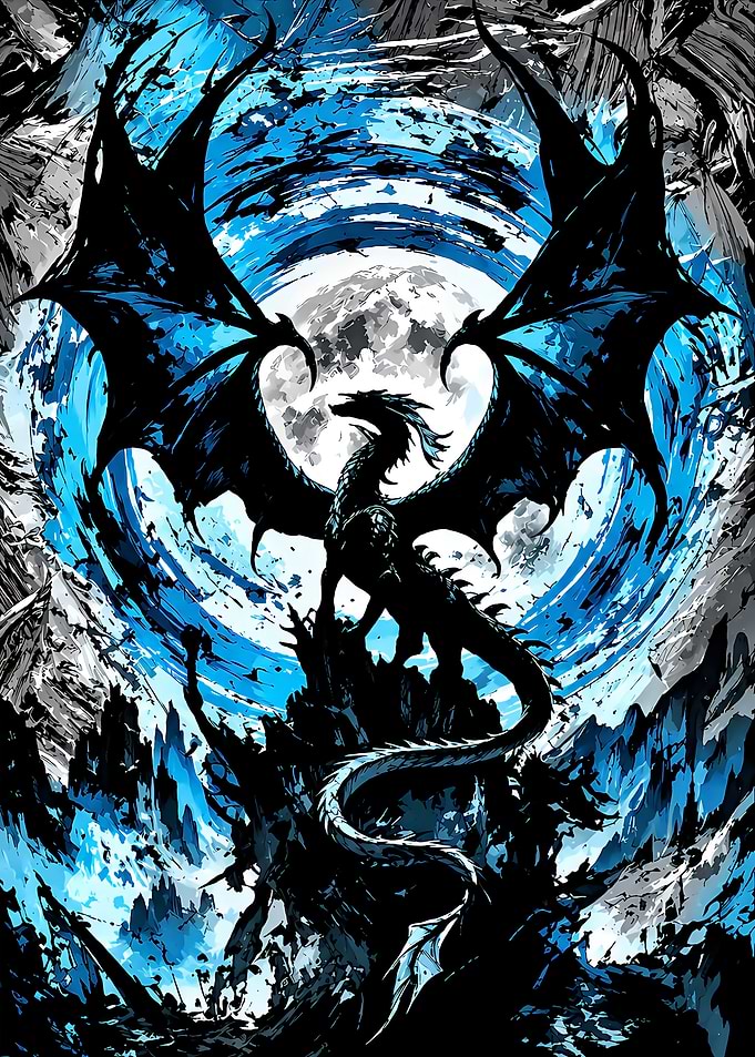 Majestic Blue Dragon Under Full Moon