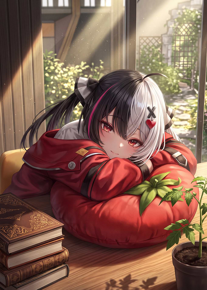 Anime Girl Resting on Tomato Cushion