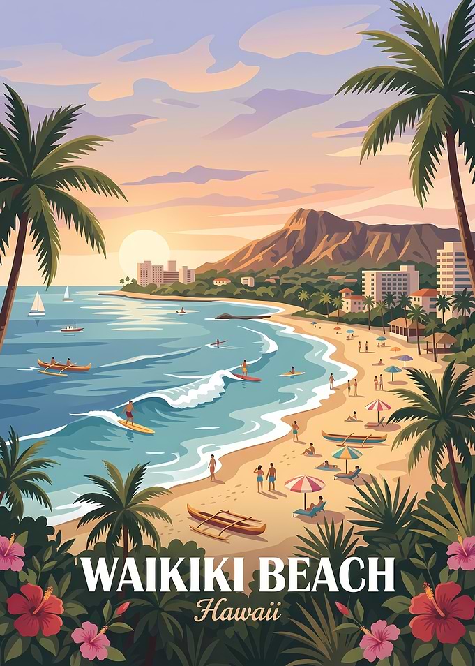 Waikiki Beach Hawaii Travel Poster