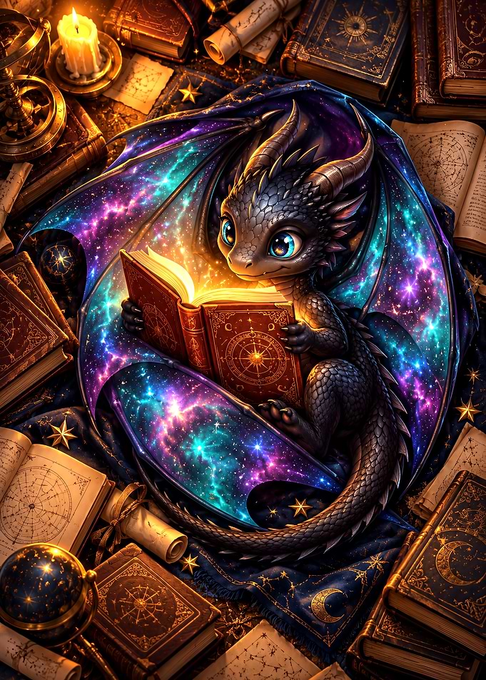 Baby Dragon Reading Magical Book