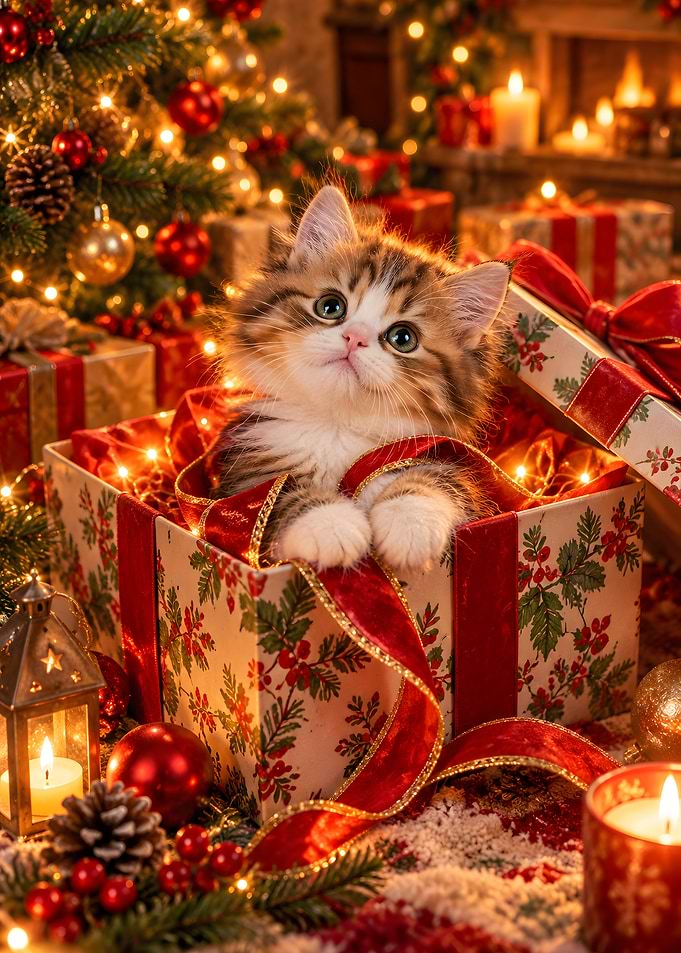 Tabby Kitten In Christmas Gift Box