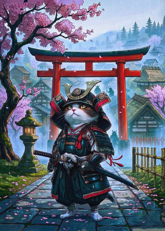 Samurai Cat Japan Cherry Blossom Ar