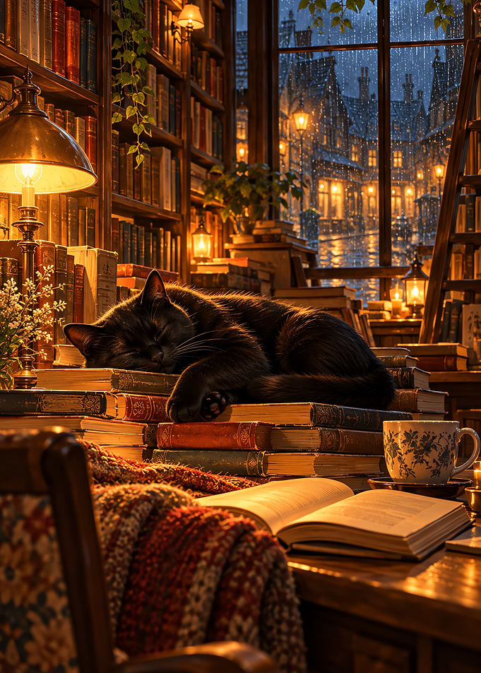 Black Cat Sleeping On Books Cozy Bookstore