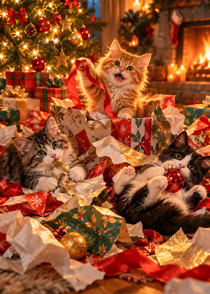 Kittens Unwrapping Christmas Morning Gifts