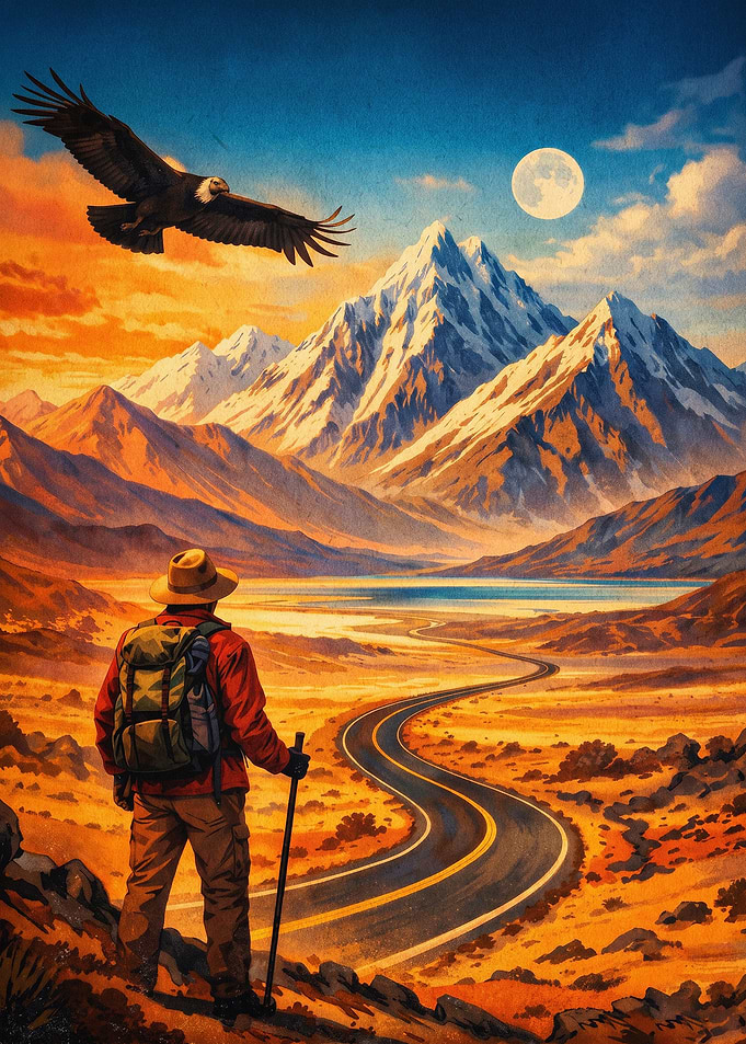 Hiker Mountain Retro Nature Poster