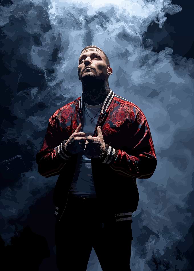 Man in patterned red bomber jacket
