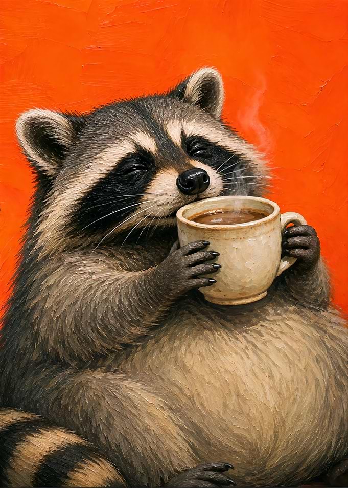 Cozy Raccoon Drinking Hot Coffee