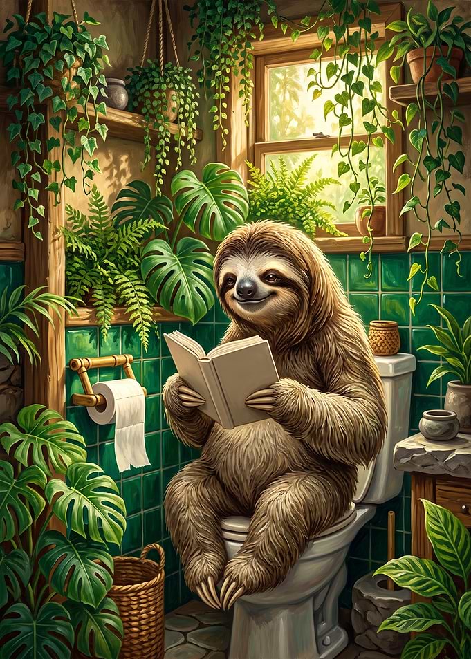 Sloth Reading Book in Jungle Bathroom