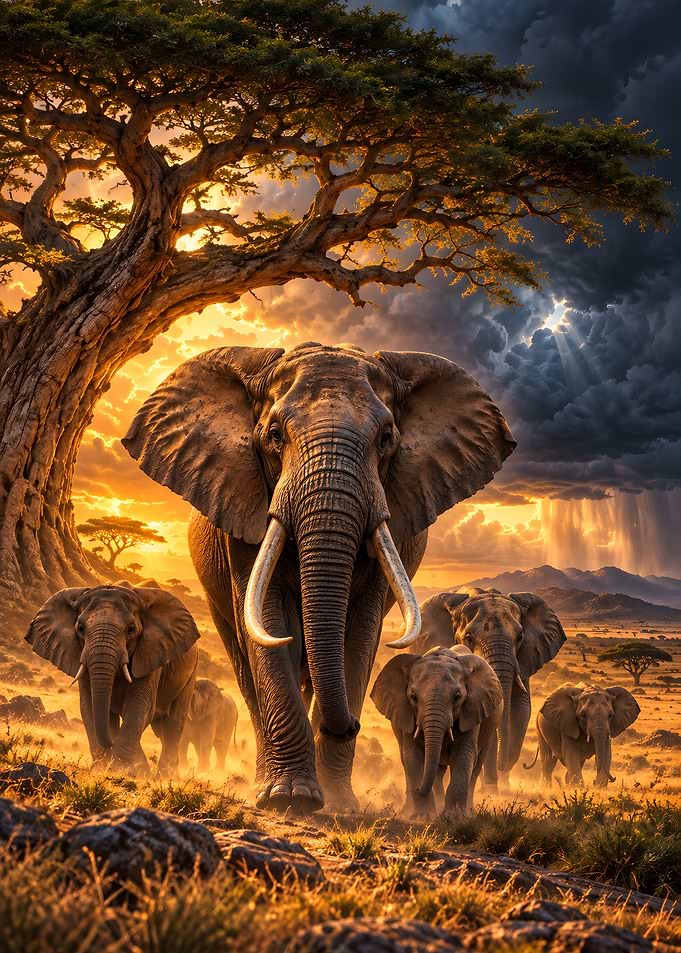 Elephant Herd Under Acacia Tree Stormy Savanna