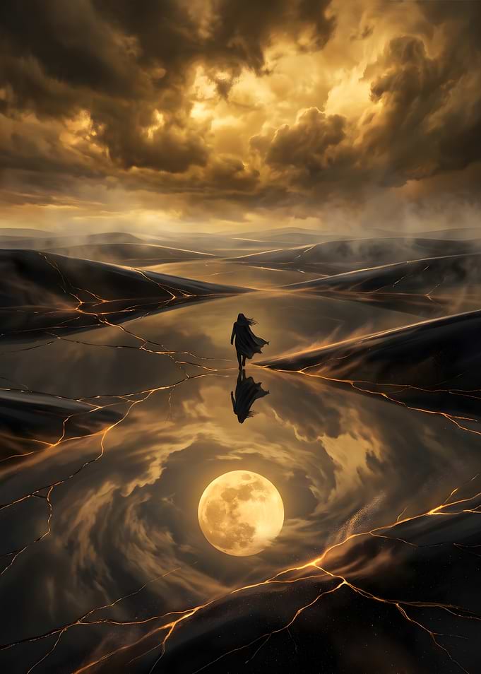 Lone Figure Walking on Reflective Landscape