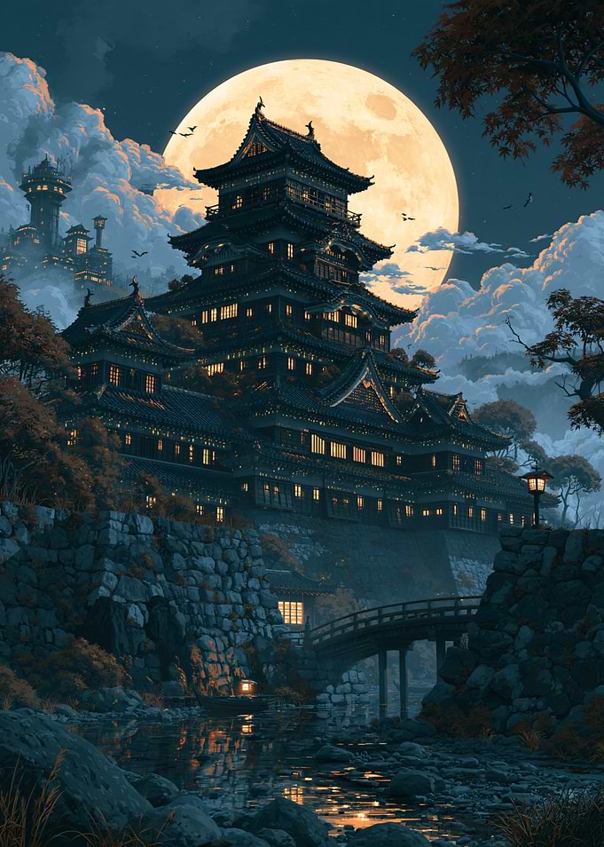 Majestic Japanese Castle Under Full Moon