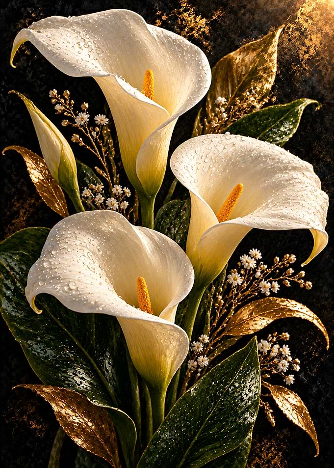 Elegant White Calla Lilies with Gold