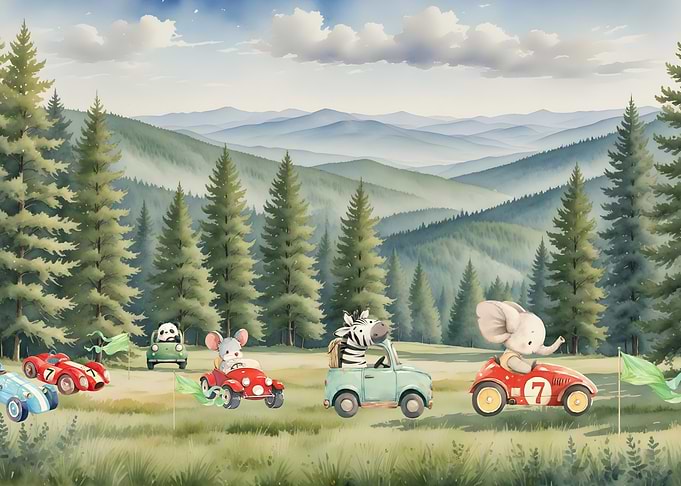 Animal Car Race in the Mountain Valley