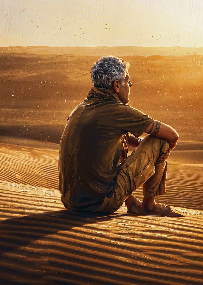 Anthony Bourdain sitting in desert