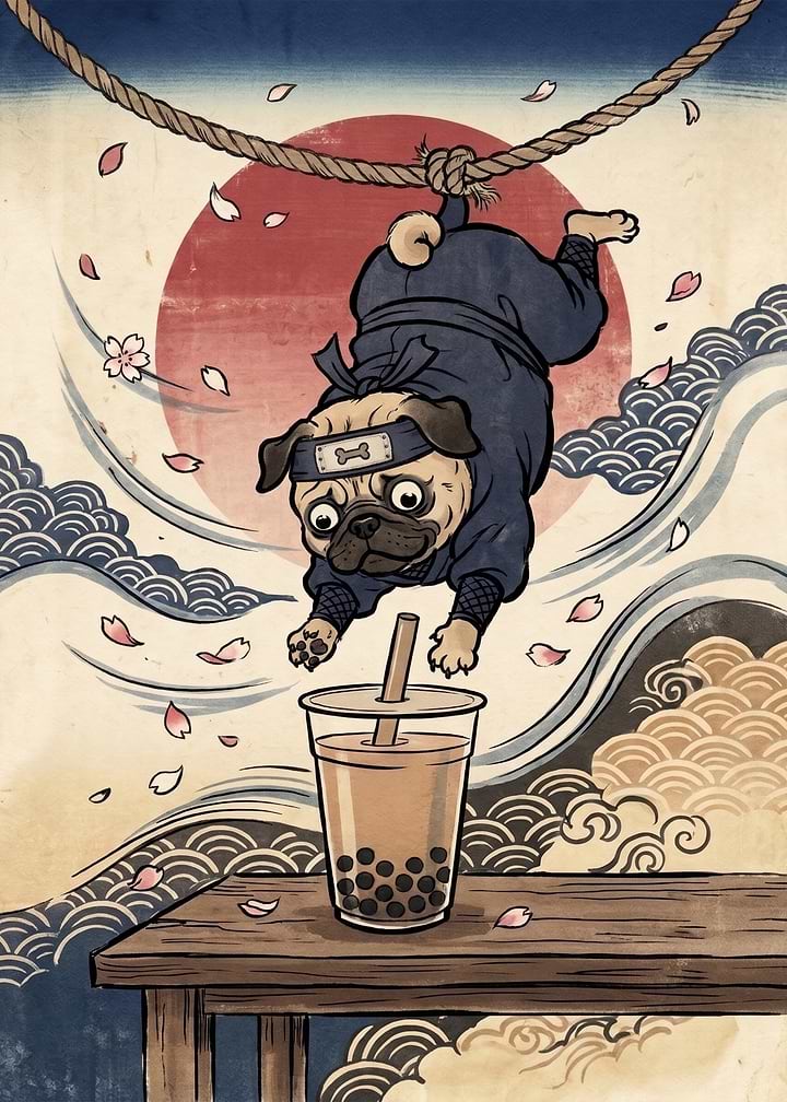 Ninja Pug with Bubble Tea