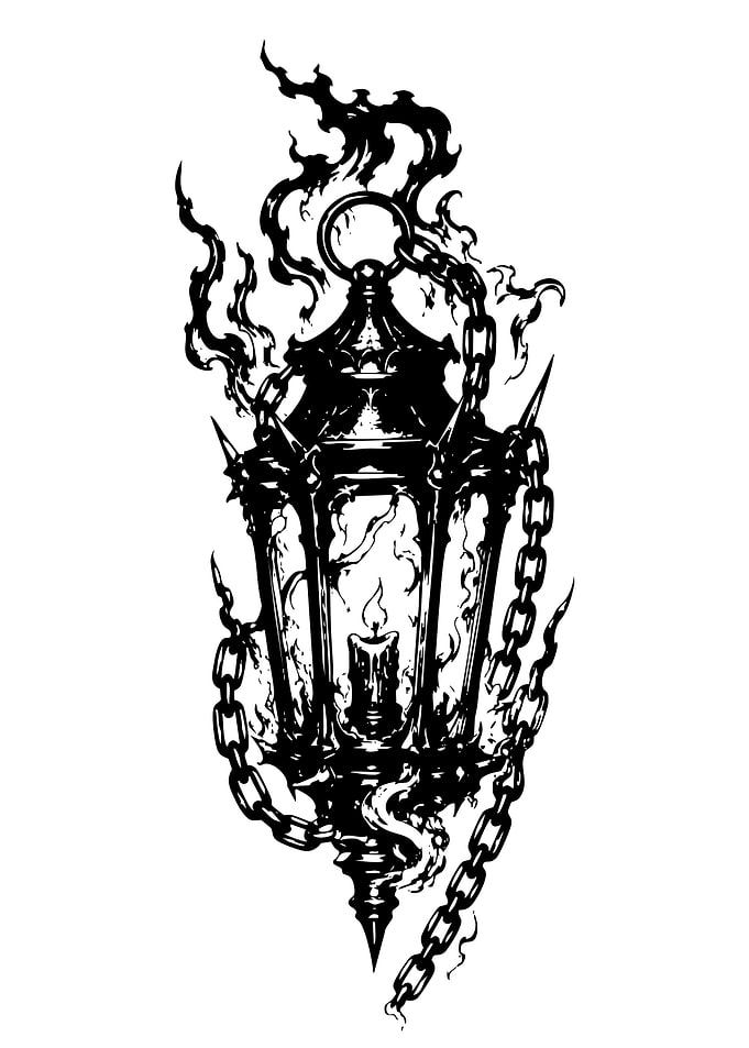 Gothic Lantern with Chains and Fire