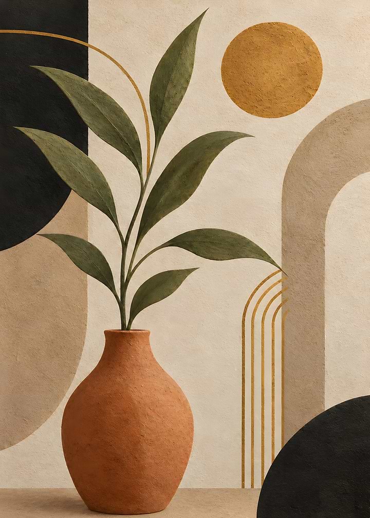 Terracotta Vase Art Print with Green Leaves – Minimalist Botanical Still Life, Modern Earth Tone Wall Decor