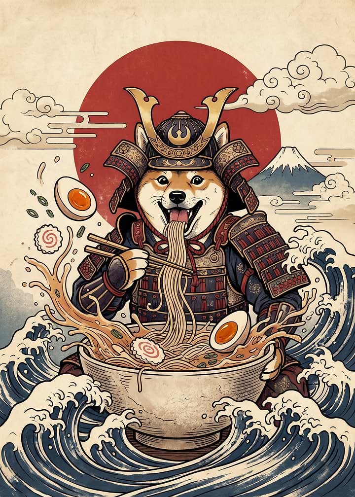 Samurai Shiba Inu Eating Ramen