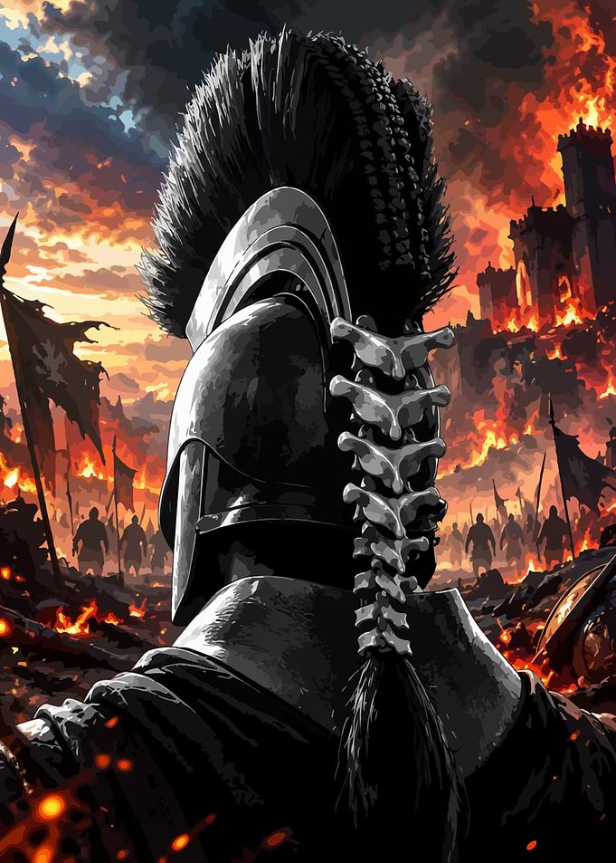Spartan Warrior Before Burning Castle