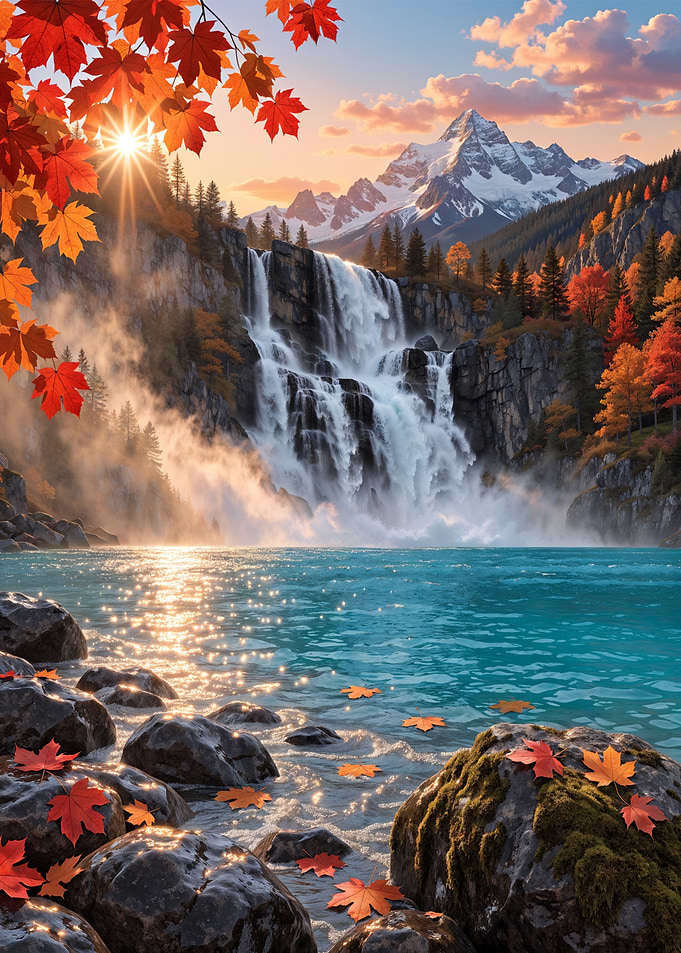 Autumn Waterfall Mountain Landscape Nature